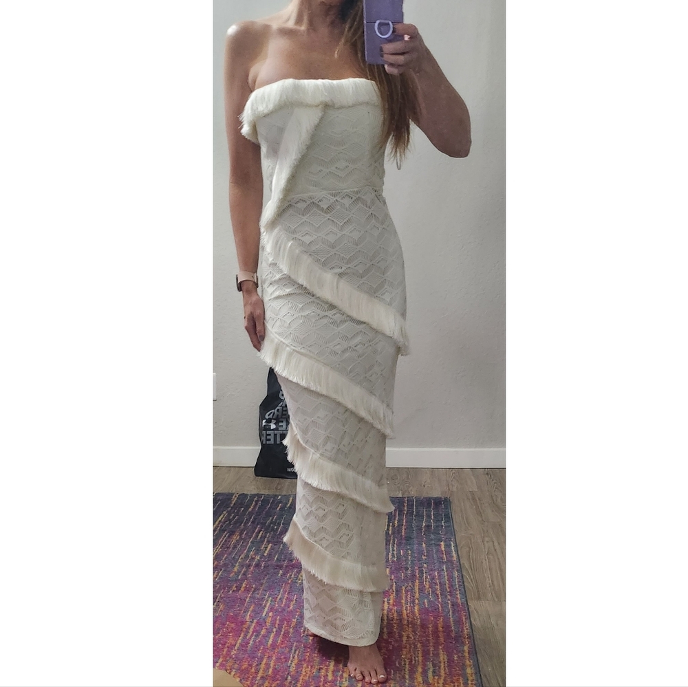 Patbo Crochet Strapless Fringe Trim Maxi Dress - Picture 12 of 14
